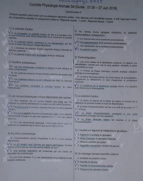 examens Physiologie Animale S4 PDF