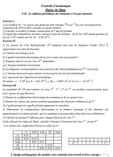 chimie générale examen