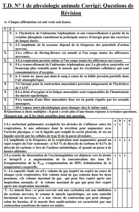 exercices Physiologie des grandes fonctions